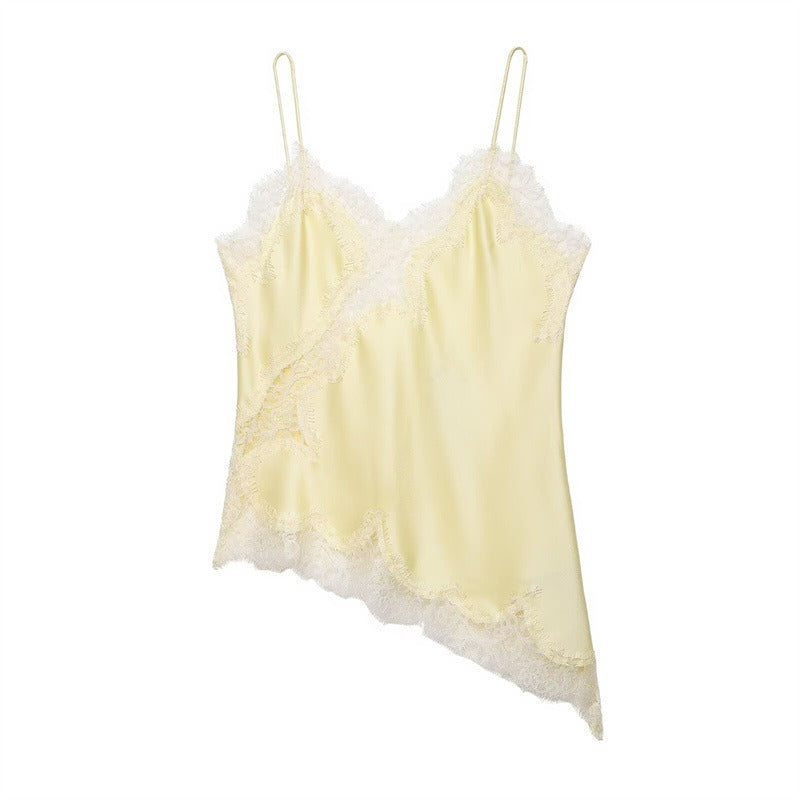 NOVA | Women's Smooth Silk Cami Top | Elegant Asymmetric Lace Trim Design