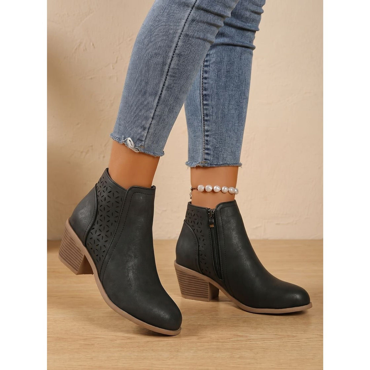 Ankle Boots with Block Heel Cutout and Side Zip - Image 1