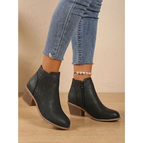 Ankle Boots with Block Heel Cutout and Side Zip - Image 1