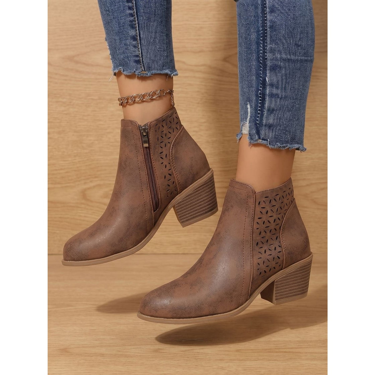 Ankle Boots with Block Heel Cutout and Side Zip - Image 11
