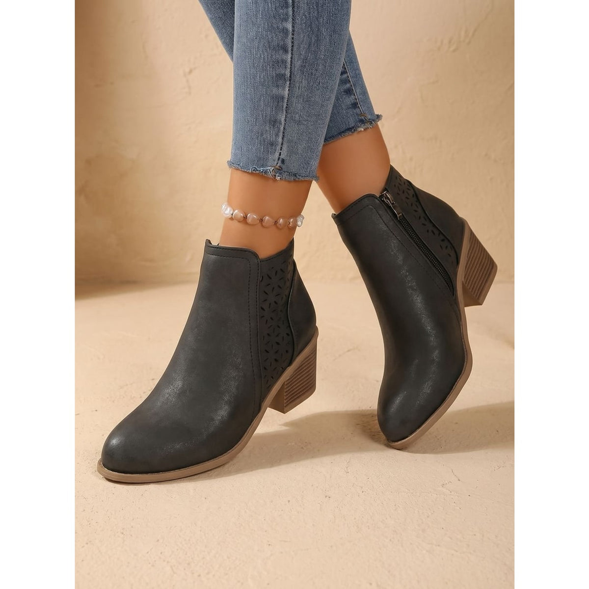 Ankle Boots with Block Heel Cutout and Side Zip - Image 6
