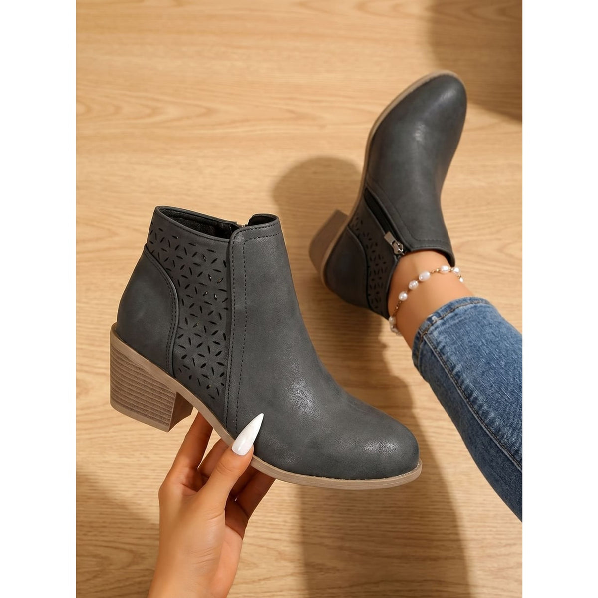 Ankle Boots with Block Heel Cutout and Side Zip - Image 7