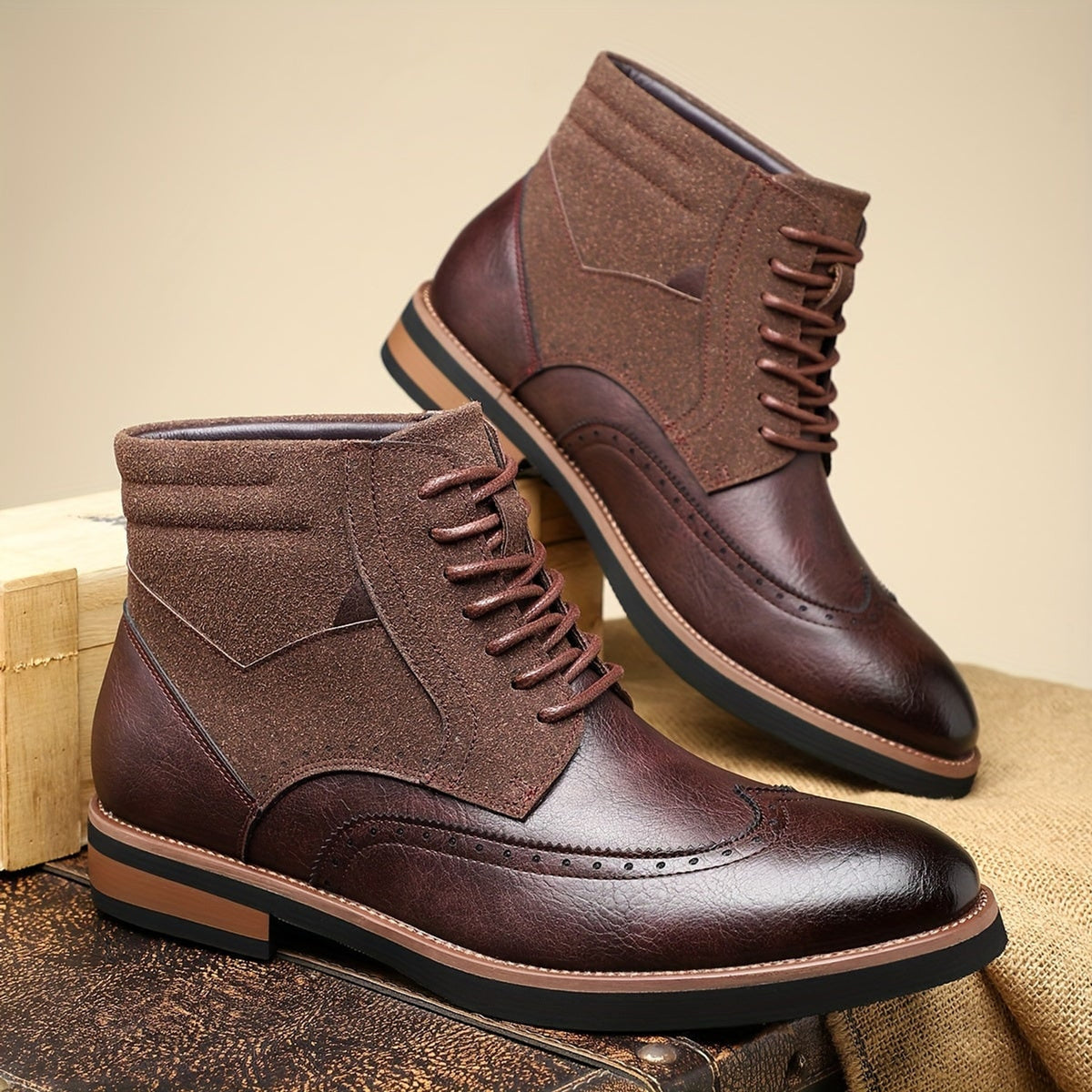 Ankle Boots with Brogue Detailing and Mixed Materials - Image 2