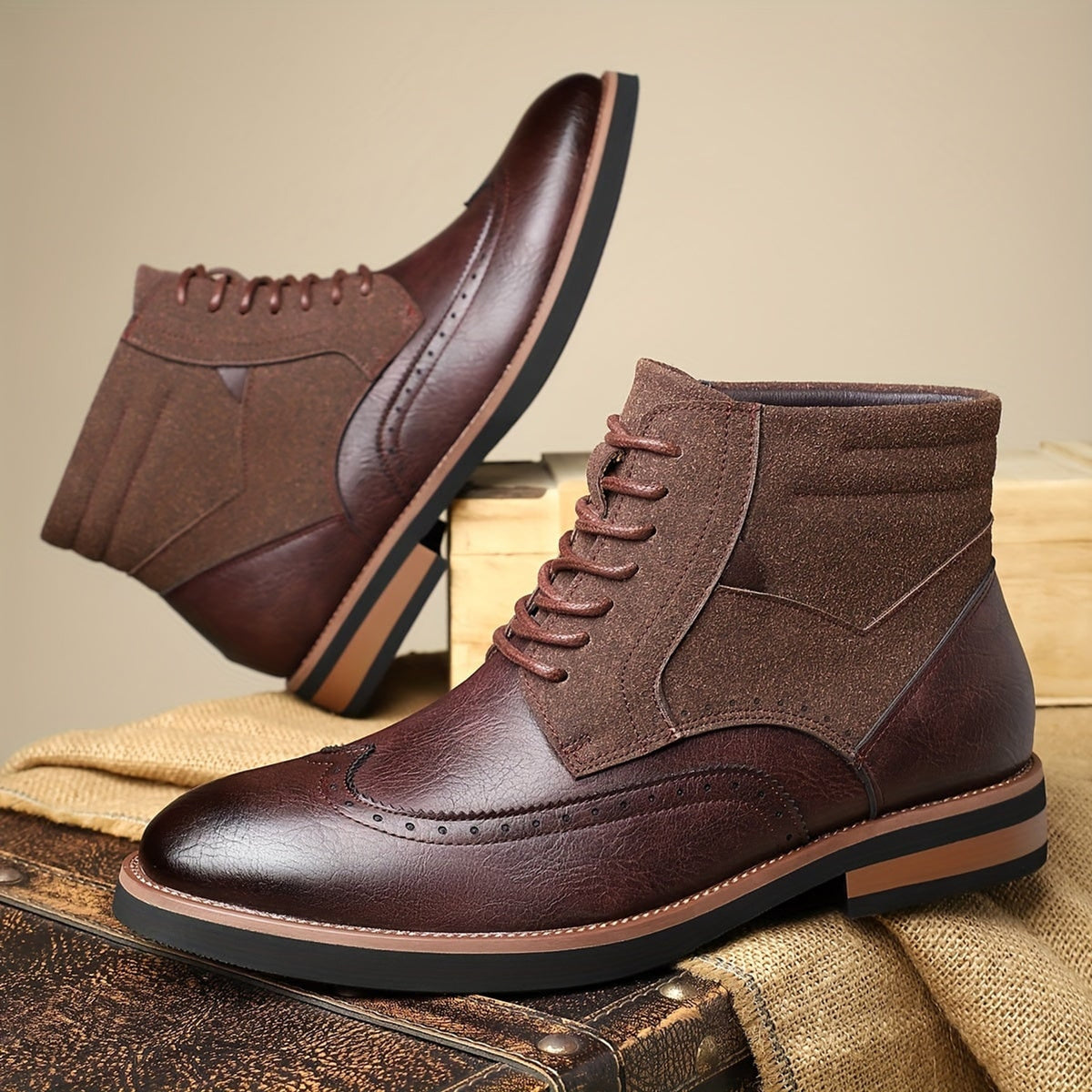 Ankle Boots with Brogue Detailing and Mixed Materials - Image 6