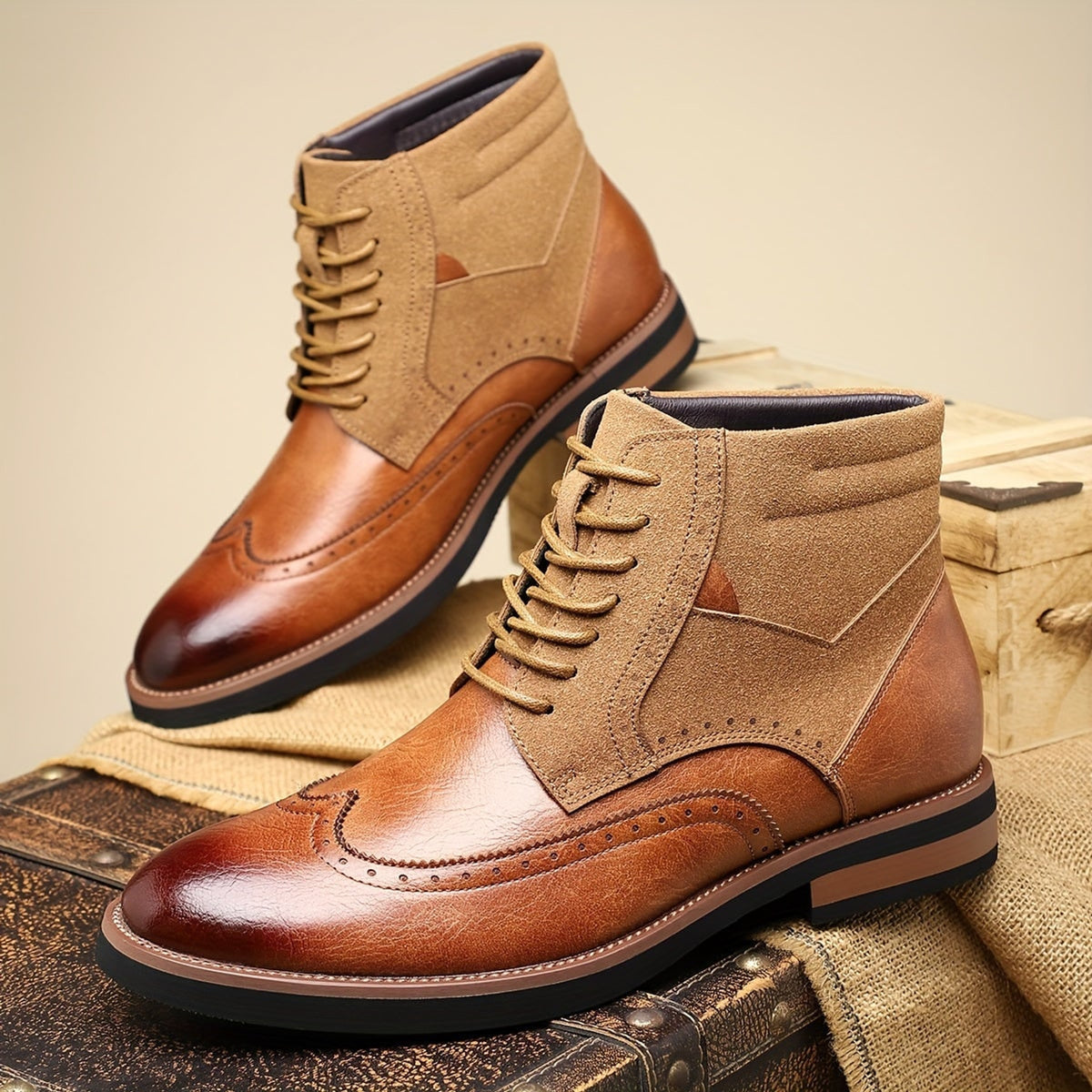 Ankle Boots with Brogue Detailing and Mixed Materials - Image 7
