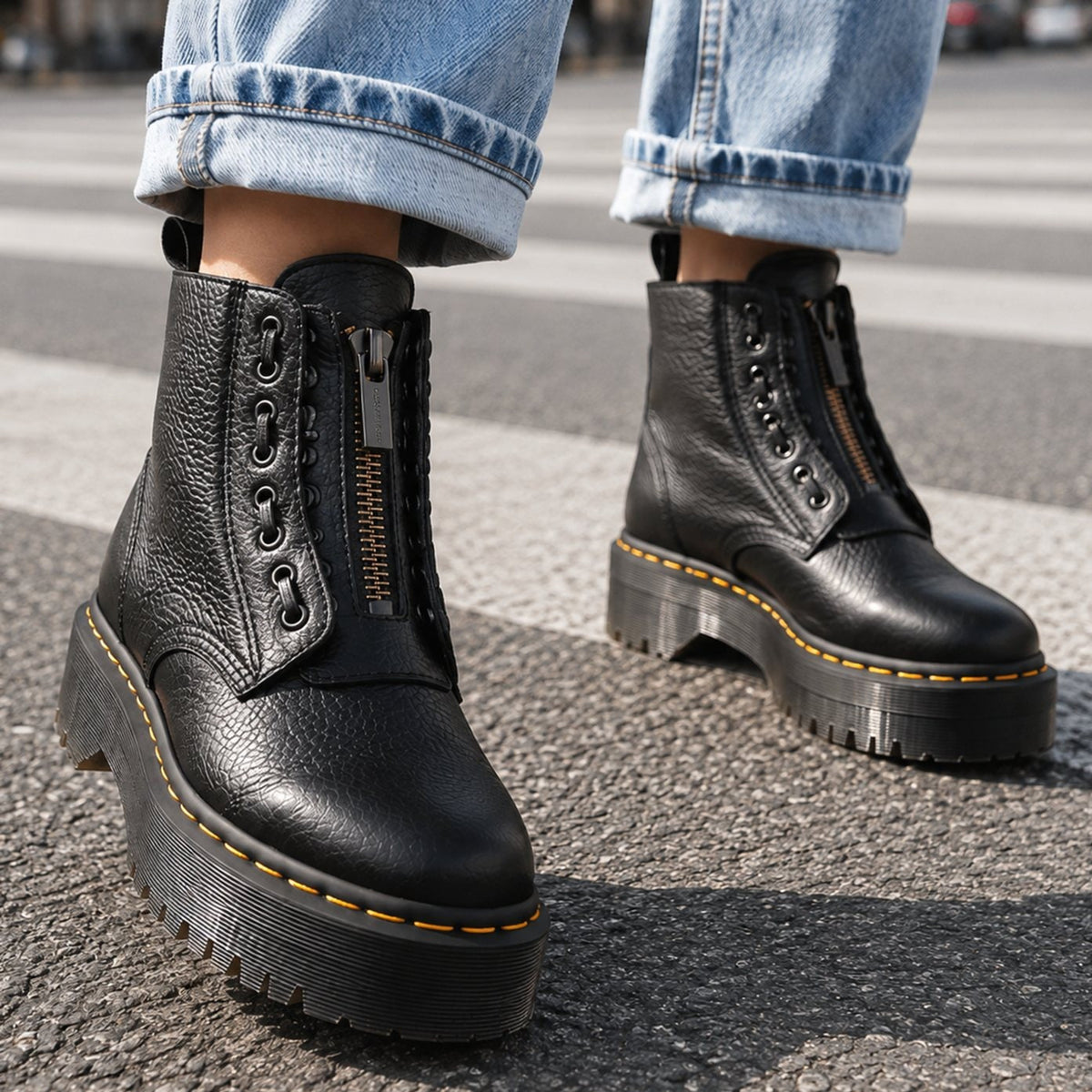 Ankle Boots with Front-Zip Platform and Lace Panel - Image 1