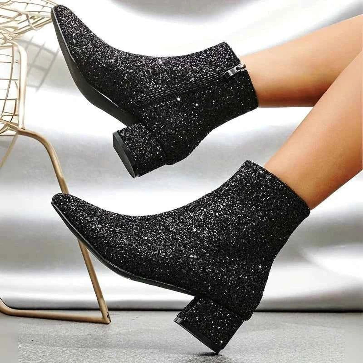 Ankle Boots with Glitter Pointed Toe and Stiletto Heel - Image 1