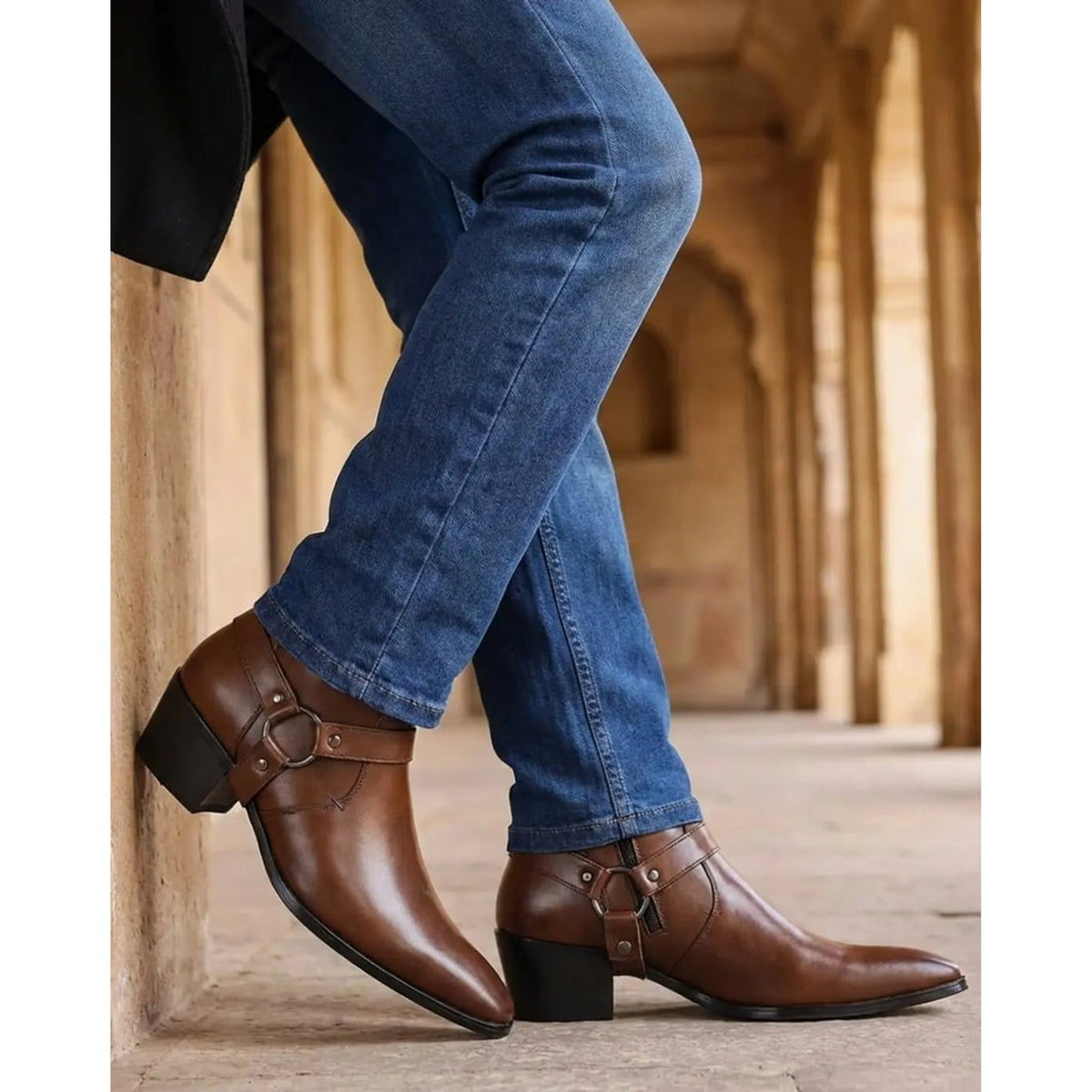 Ankle Boots with Leather Pointed-Toe and Buckle Strap - Image 4