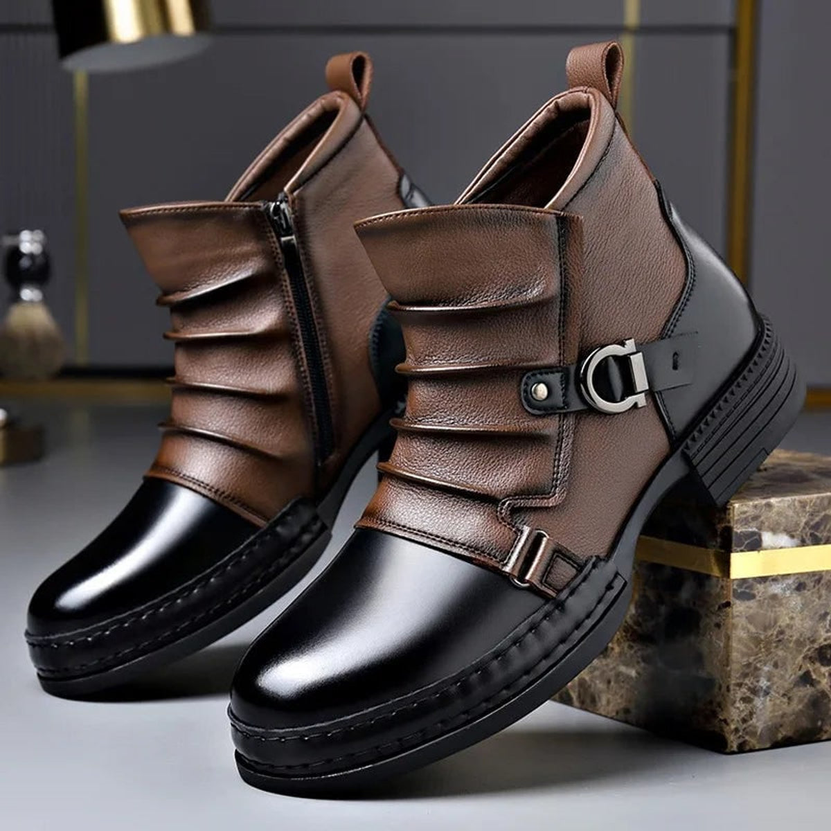 Ankle Boots with Leather Side Zip and Buckle Strap - Image 1