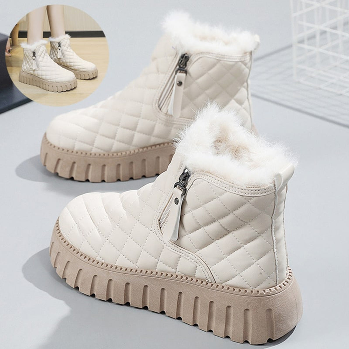 Ankle Boots with Plush Lined Quilted and Side Zipper - Image 2