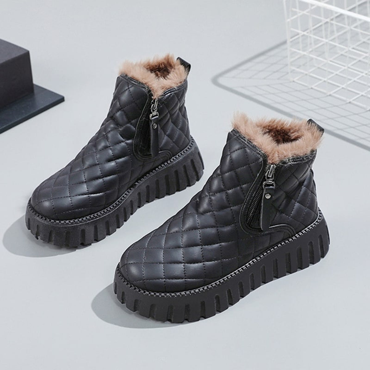 Ankle Boots with Plush Lined Quilted and Side Zipper - Image 3
