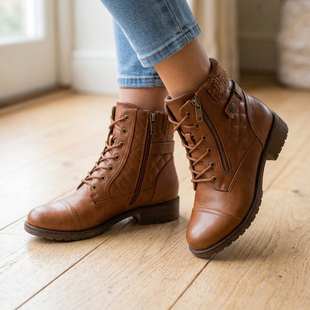 Ankle Boots with Quilted Lace-Up Design and Side Zip - Image 1