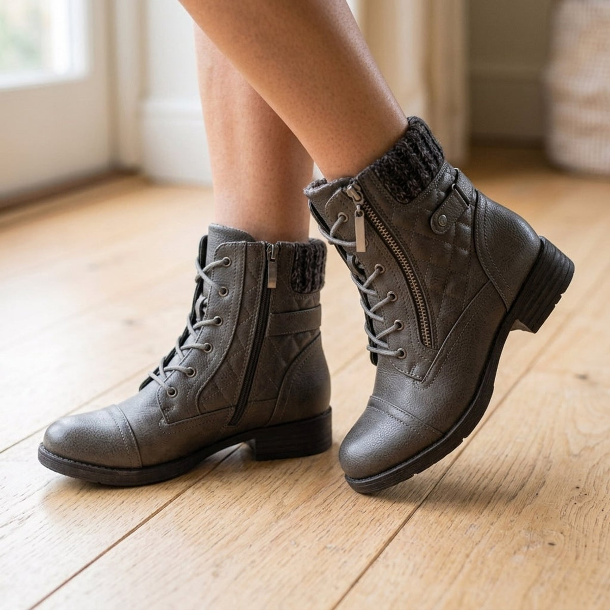 Ankle Boots with Quilted Lace-Up Design and Side Zip - Image 2