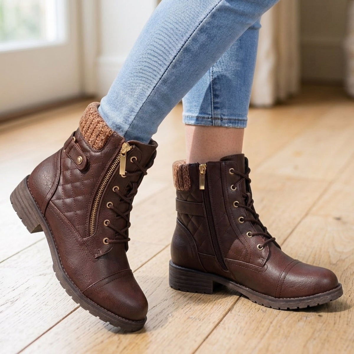 Ankle Boots with Quilted Lace-Up Design and Side Zip - Image 3