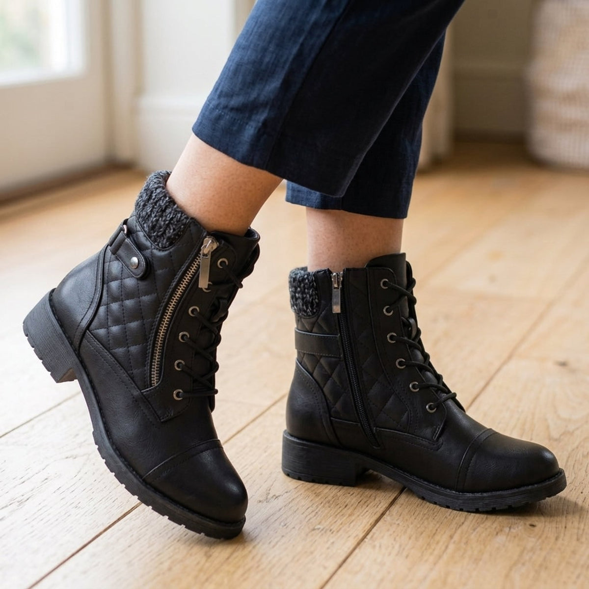 Ankle Boots with Quilted Lace-Up Design and Side Zip - Image 4