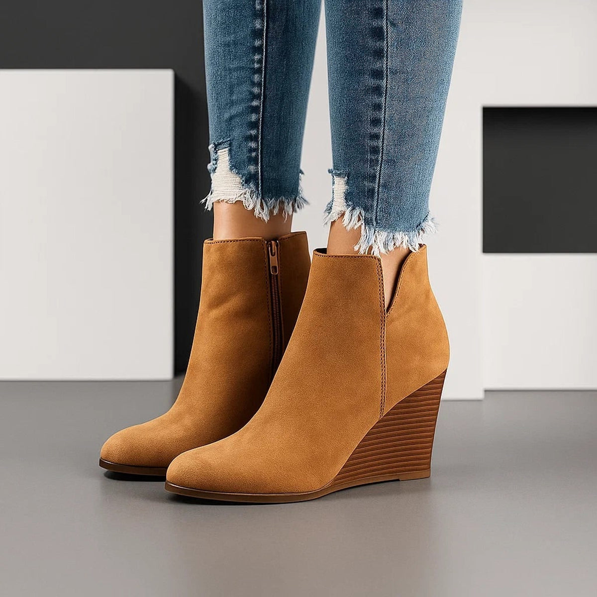 Ankle Boots with Suede Wedge Heel and Side Cut-Out - Image 1