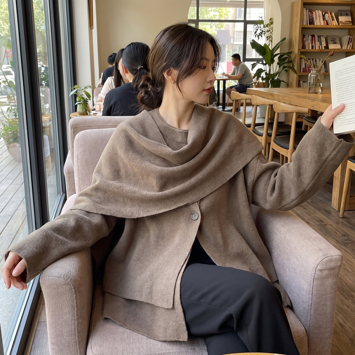 Asymmetric Collar Cardigan with Layering Relaxed Silhouette - in-use