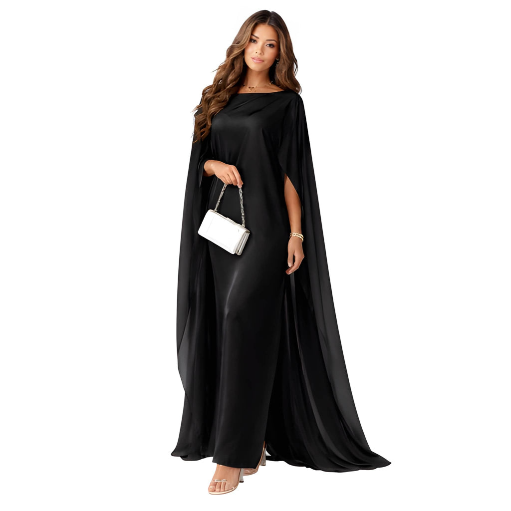 NOVA | Women's Satin Blend Maxi Dress | Luxury Evening Gown with Cape Sleeves & Flowing Silhouette