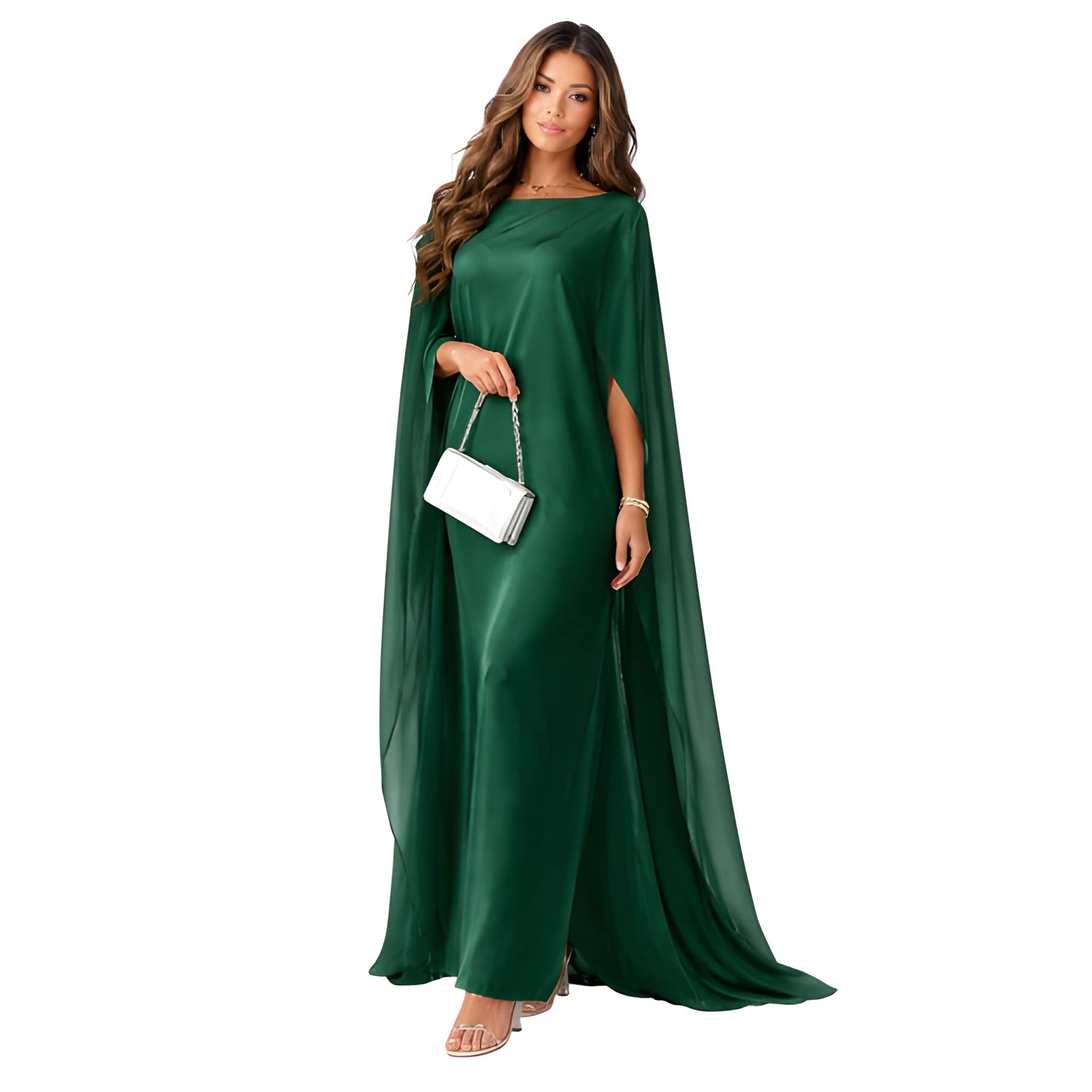 NOVA | Women's Satin Blend Maxi Dress | Luxury Evening Gown with Cape Sleeves & Flowing Silhouette