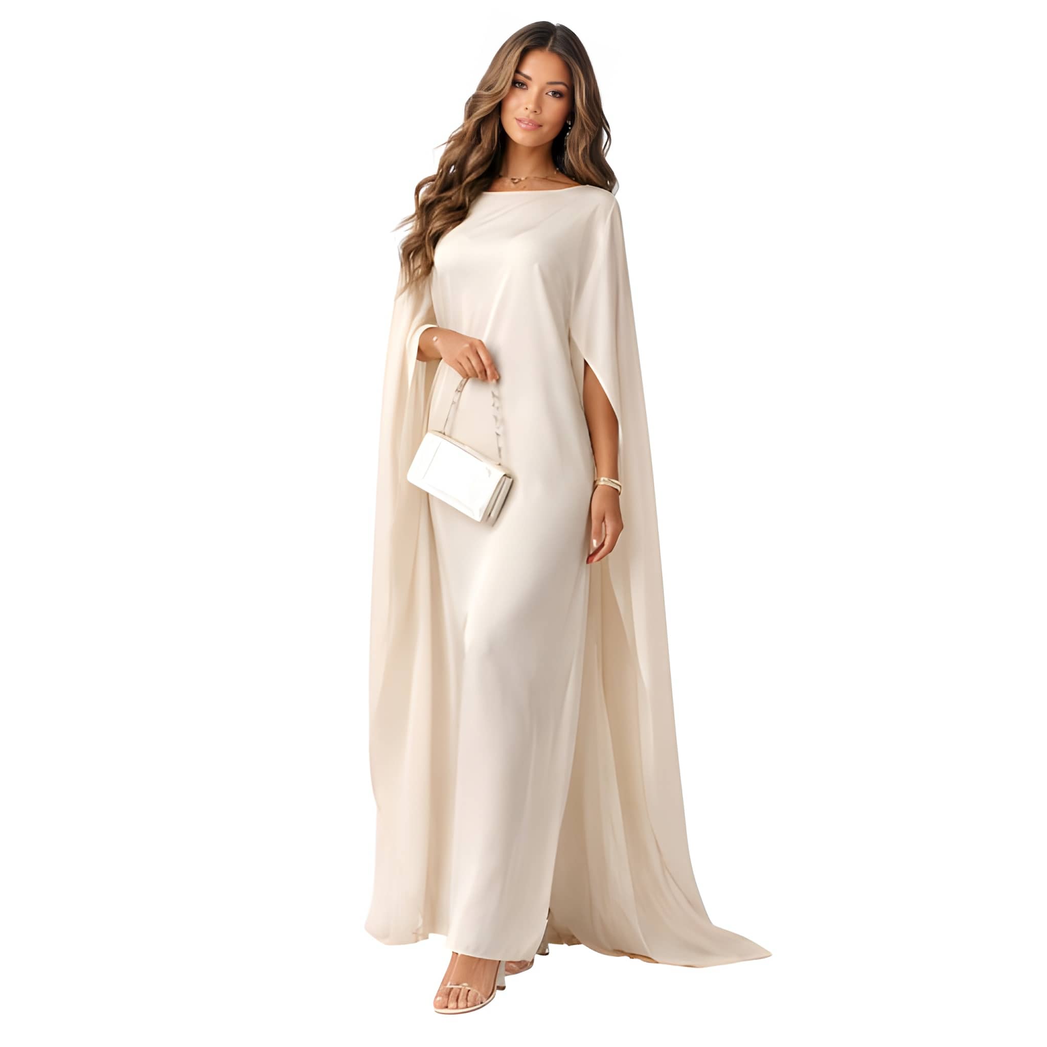NOVA | Women's Satin Blend Maxi Dress | Luxury Evening Gown with Cape Sleeves & Flowing Silhouette