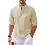 Band Collar Henley Shirt with Relaxed Fit and Button Placket - Image 1
