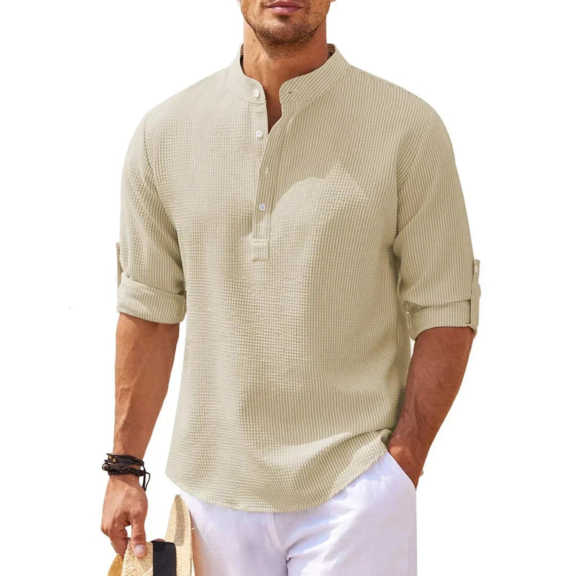 Band Collar Henley Shirt with Relaxed Fit and Button Placket - Image 1