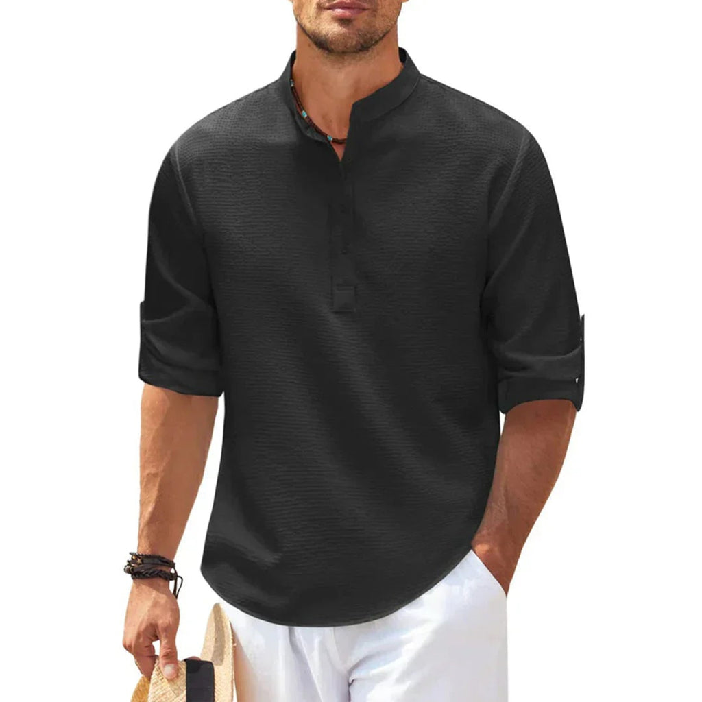 Band Collar Henley Shirt with Relaxed Fit and Button Placket - Image 7