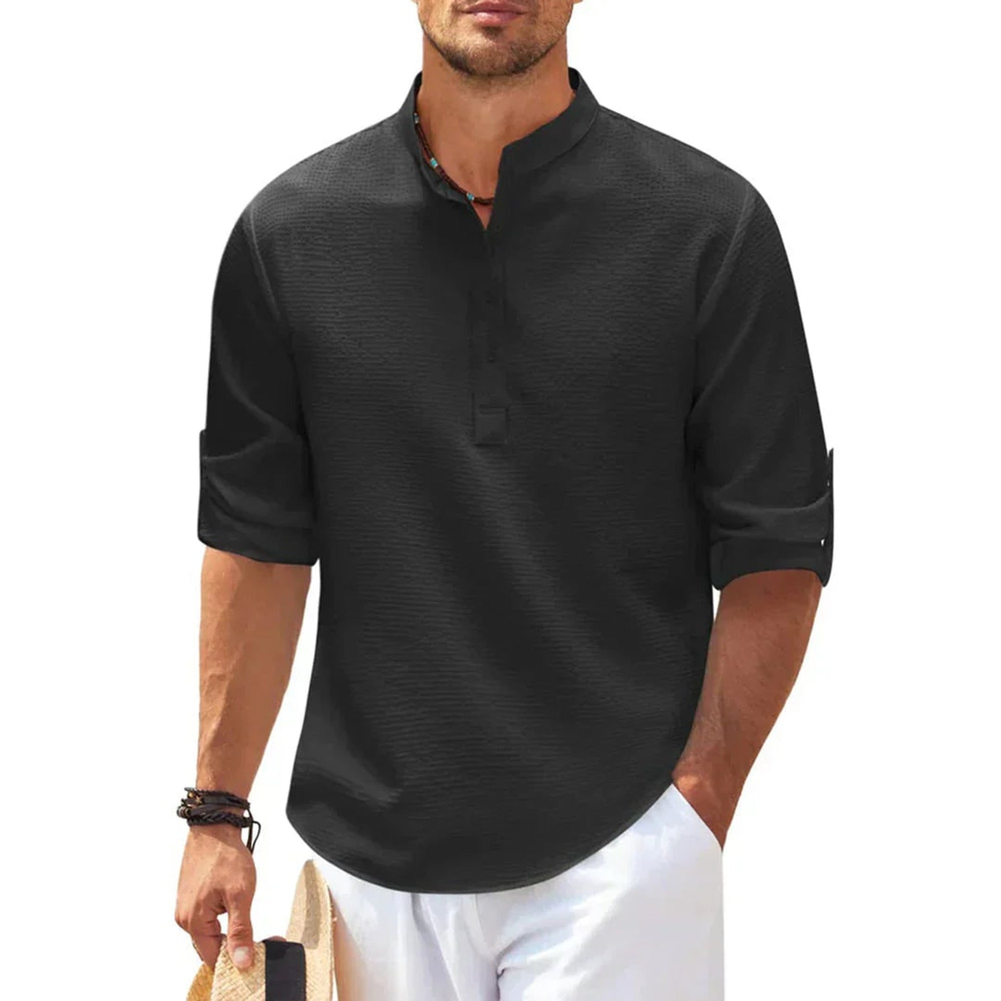 Band Collar Henley Shirt with Relaxed Fit and Button Placket - Image 7