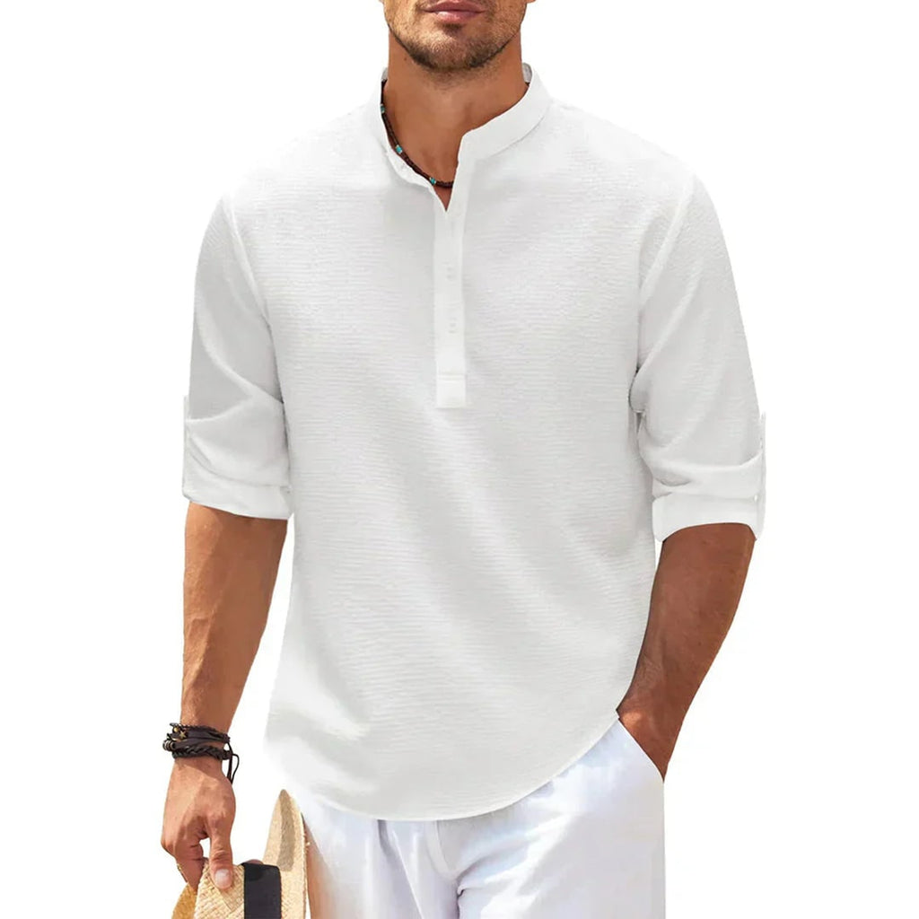 Band Collar Henley Shirt with Relaxed Fit and Button Placket - Image 6