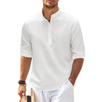 Band Collar Henley Shirt with Relaxed Fit and Button Placket - Image 6
