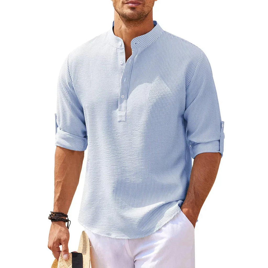 Band Collar Henley Shirt with Relaxed Fit and Button Placket - Image 4