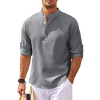 Band Collar Henley Shirt with Relaxed Fit and Button Placket - Image 2