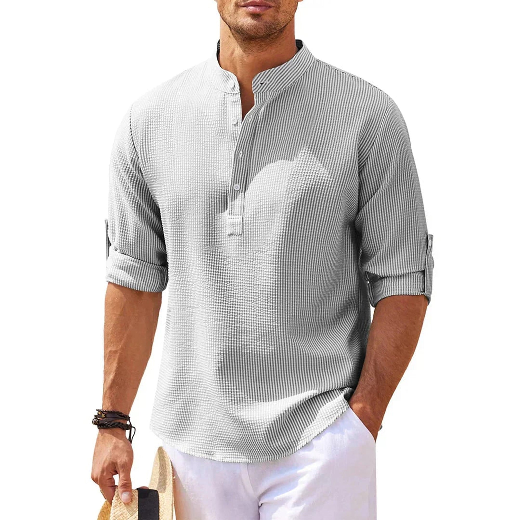 Band Collar Henley Shirt with Relaxed Fit and Button Placket - Image 3