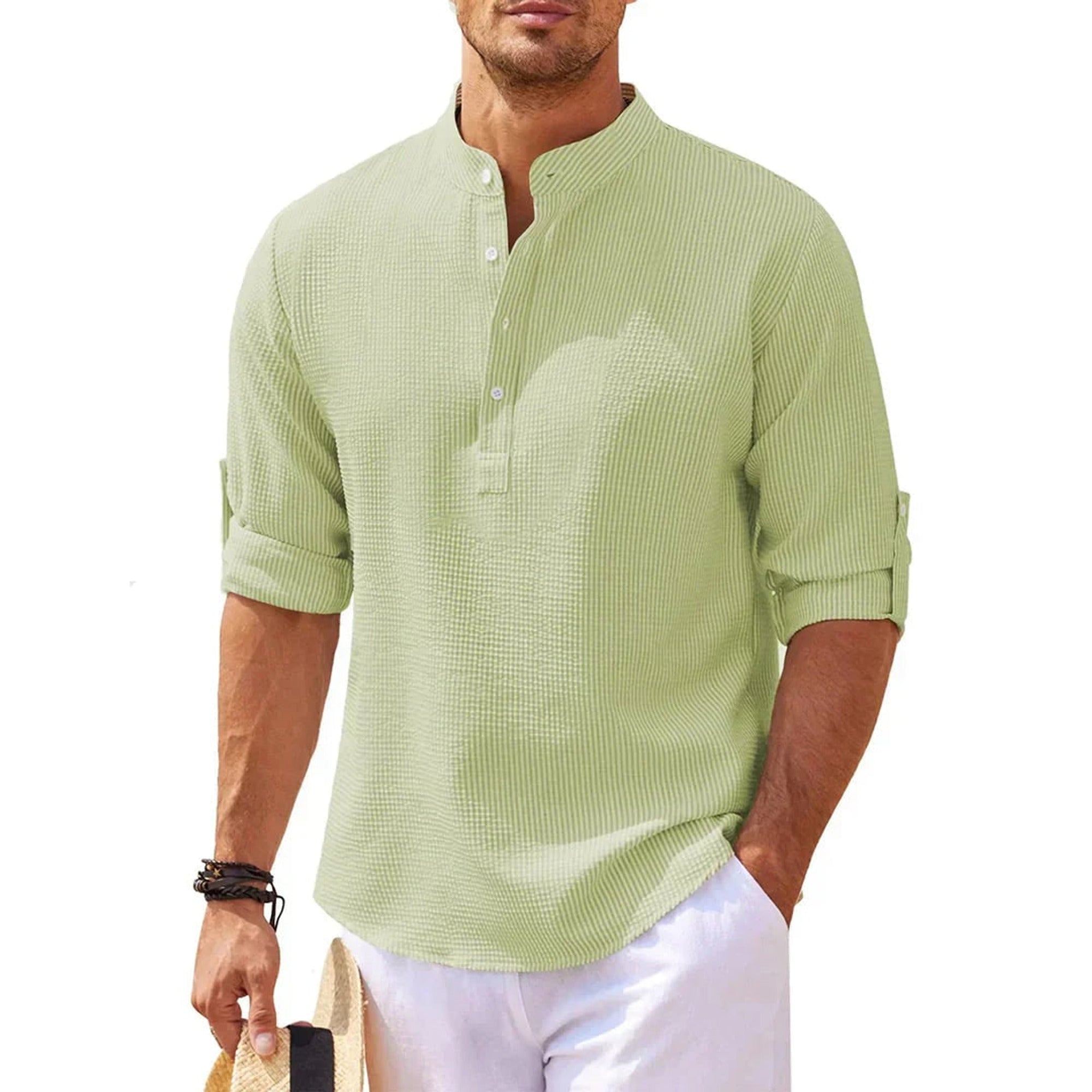 Band Collar Henley Shirt with Relaxed Fit and Button Placket - Image 5