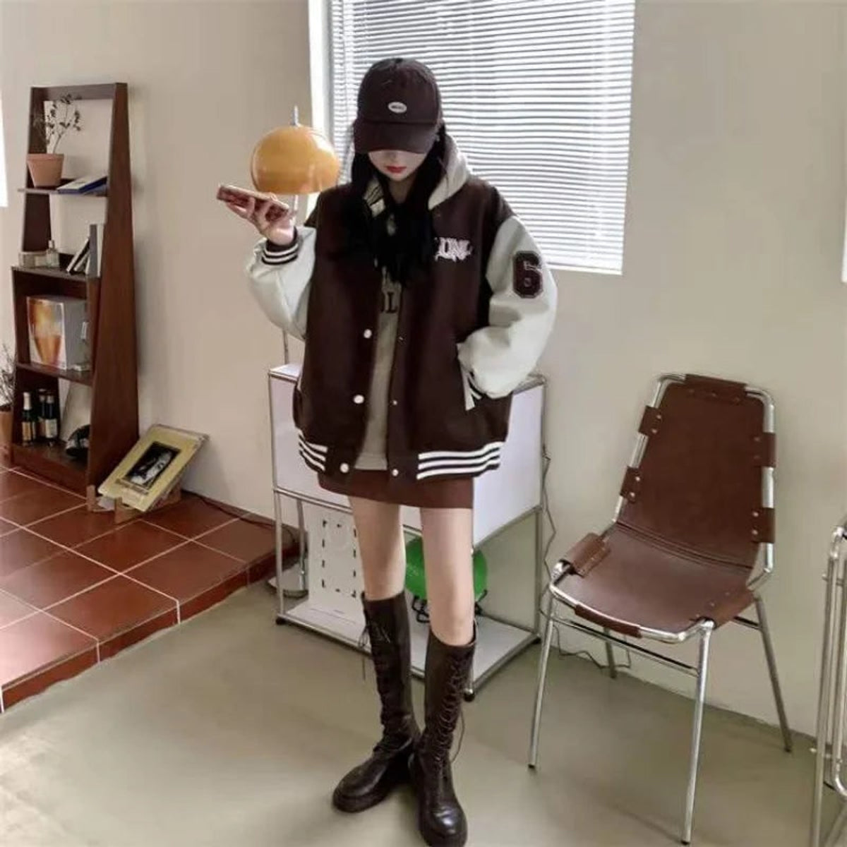 Baseball Bomber with Relaxed Varsity Jacket and Snap Closure - Image 3