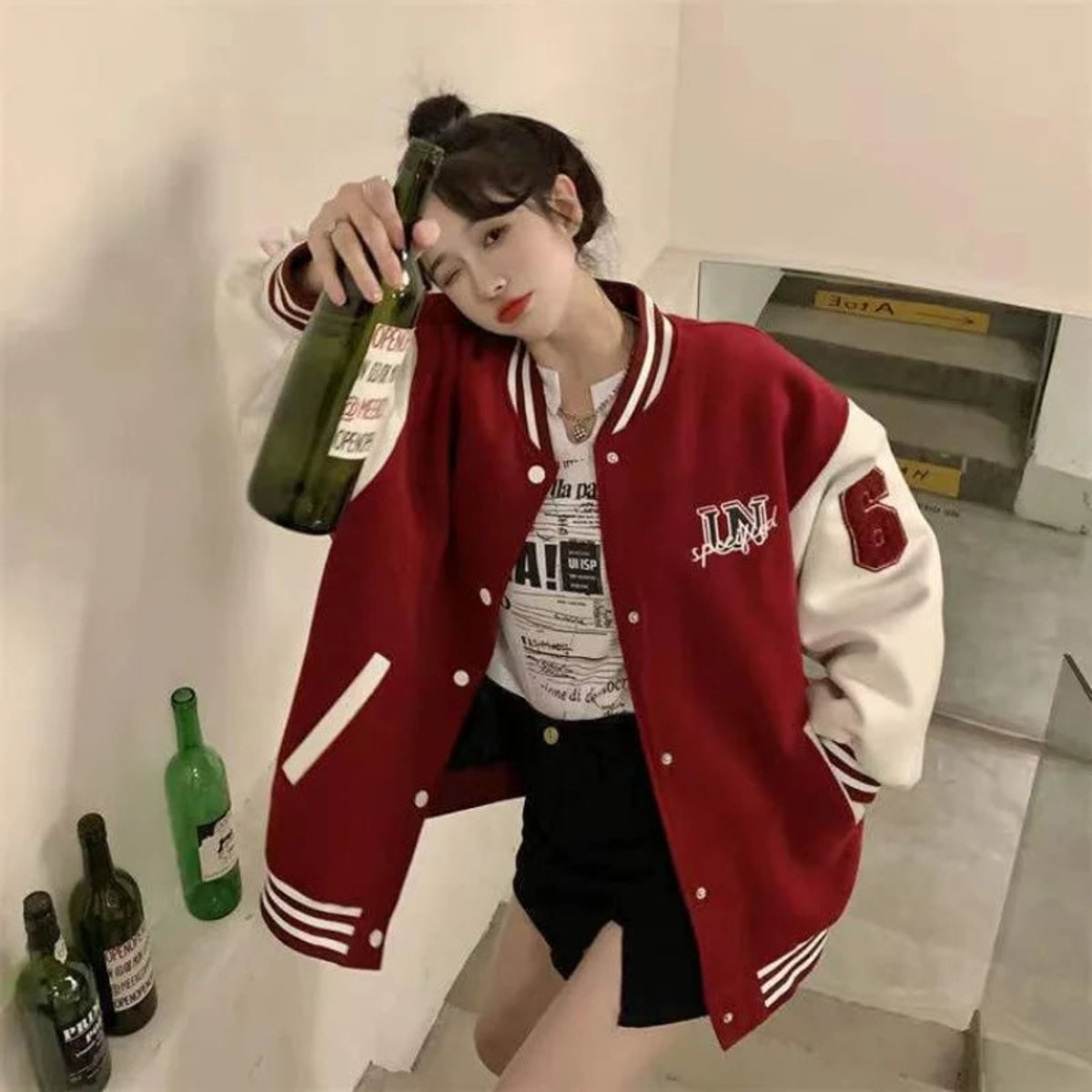 Baseball Bomber with Relaxed Varsity Jacket and Snap Closure - Image 6