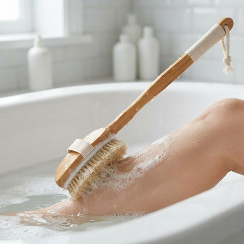 Bath Brush With Long Wooden Handle For Exfoliating Back And Body - Image 1