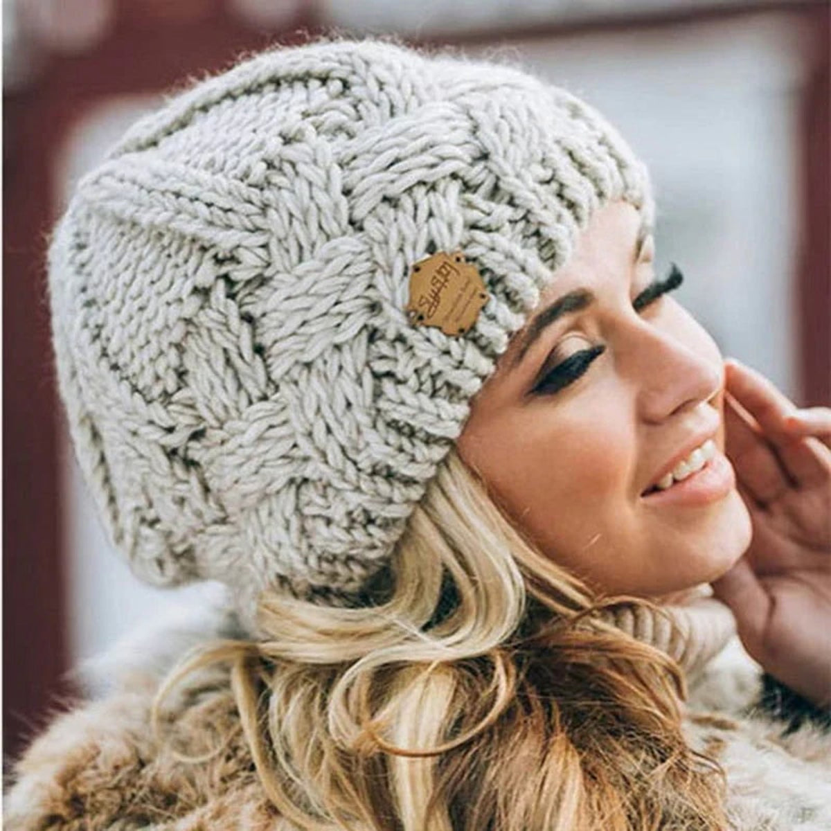 Beanies with Cable Knit Design and Tag - Image 1