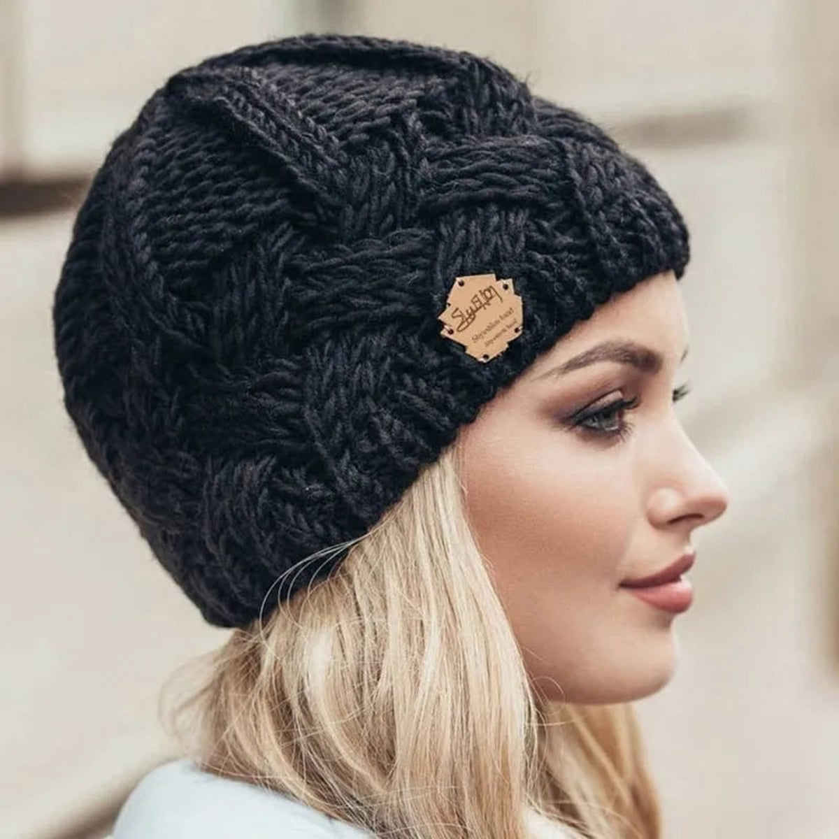 Beanies with Cable Knit Design and Tag - Image 2