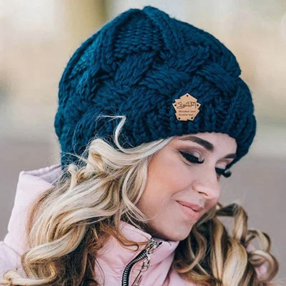 Beanies with Cable Knit Design and Tag - Image 3