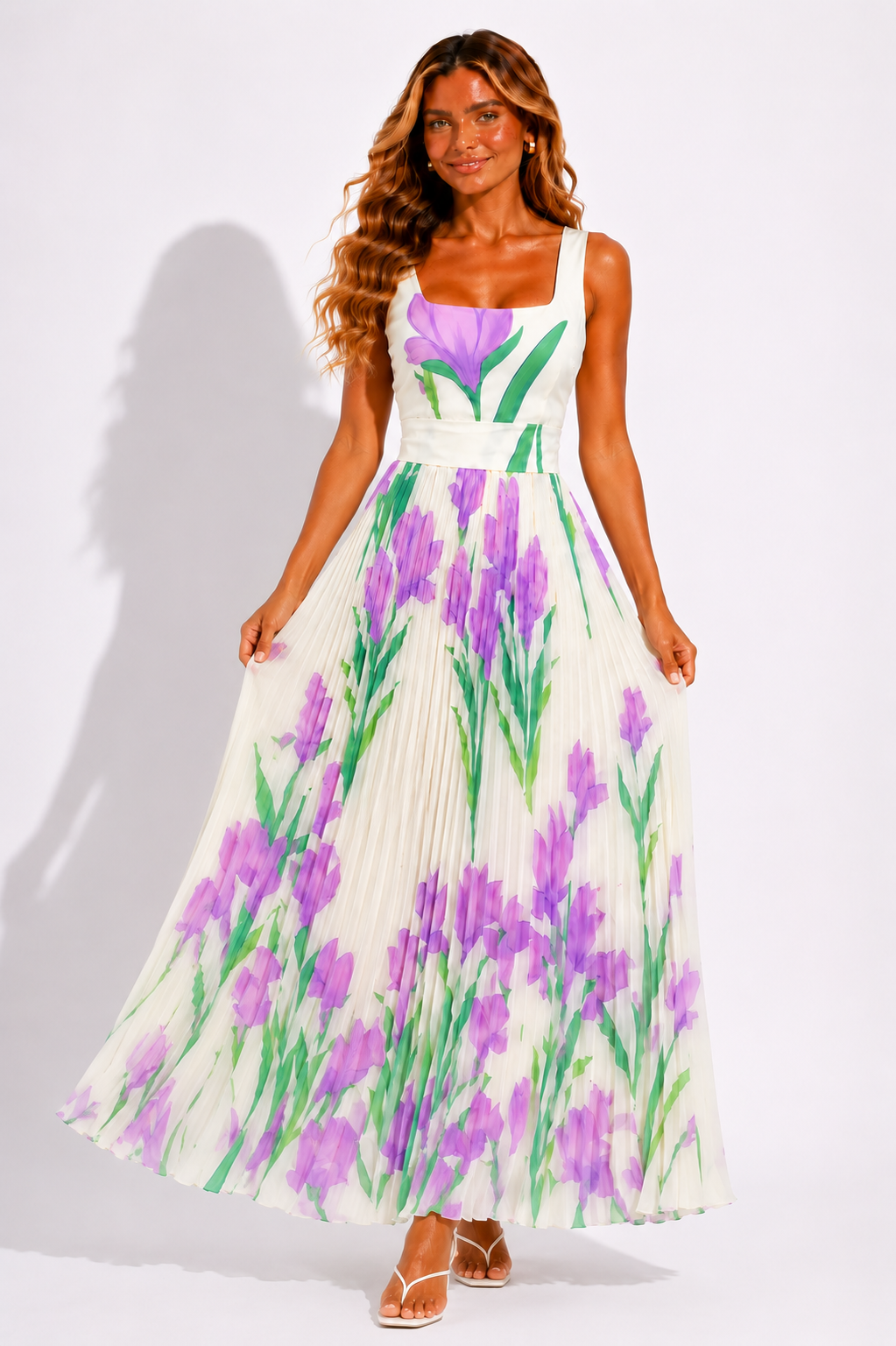 NOVA | Women's Sleeveless Floral Chiffon Maxi Dress – Square Neck Elegant A-Line
