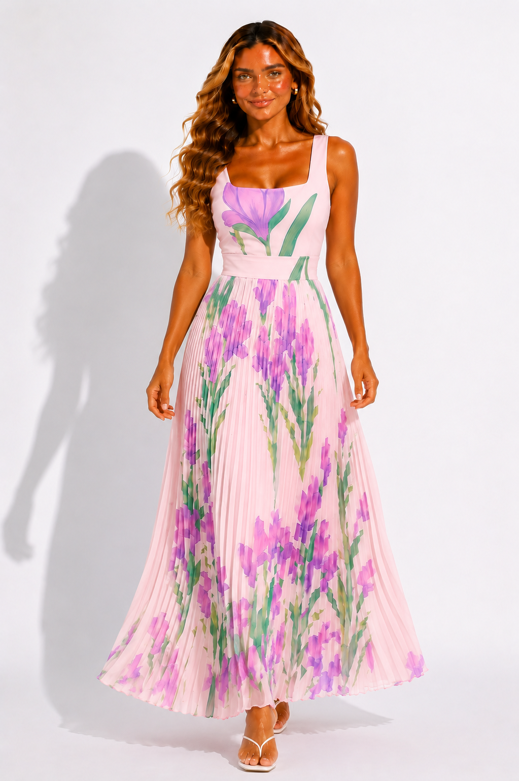 NOVA | Women's Sleeveless Floral Chiffon Maxi Dress – Square Neck Elegant A-Line