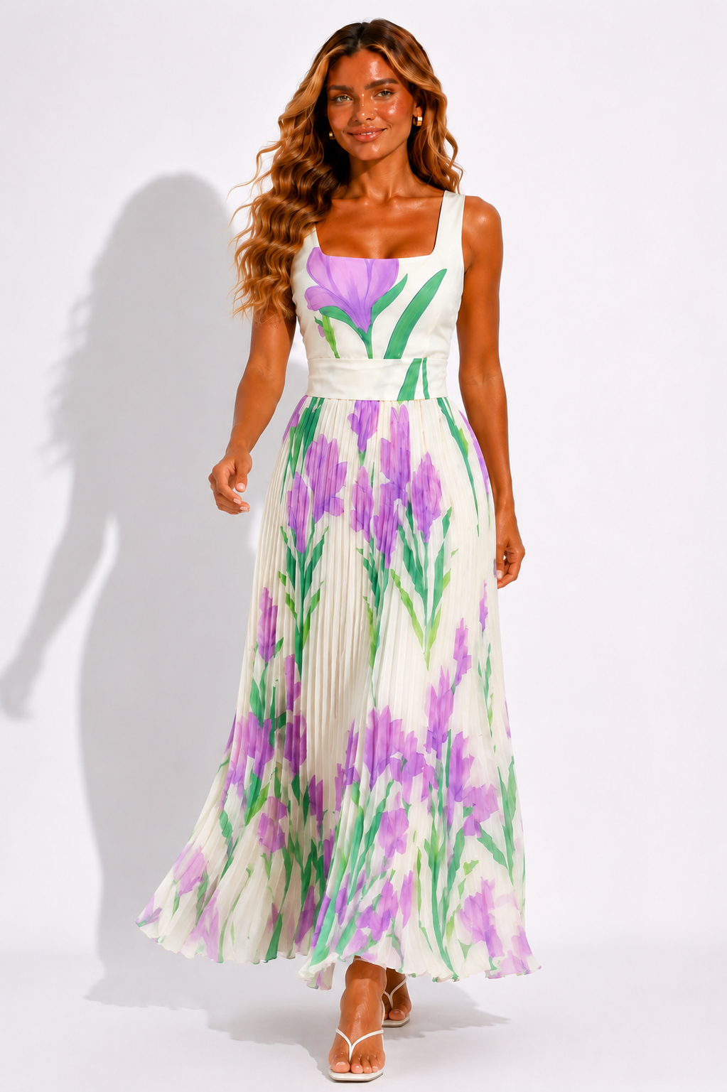 NOVA | Women's Sleeveless Floral Chiffon Maxi Dress – Square Neck Elegant A-Line