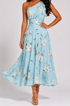NOVA | Women's Blue Floral One Shoulder Midi Dress | Elegant Wedding Guest Occasion Dress