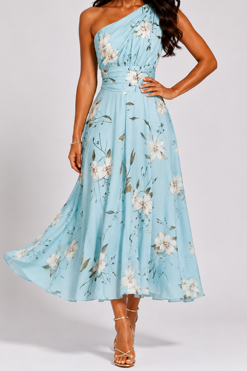 NOVA | Women's Blue Floral One Shoulder Midi Dress | Elegant Wedding Guest Occasion Dress