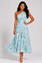 NOVA | Women's Blue Floral One Shoulder Midi Dress | Elegant Wedding Guest Occasion Dress