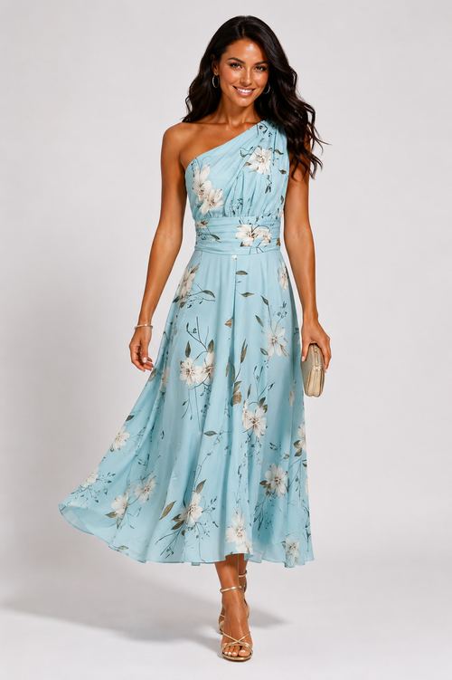 NOVA | Women's Blue Floral One Shoulder Midi Dress | Elegant Wedding Guest Occasion Dress