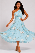 NOVA | Women's Blue Floral One Shoulder Midi Dress | Elegant Wedding Guest Occasion Dress