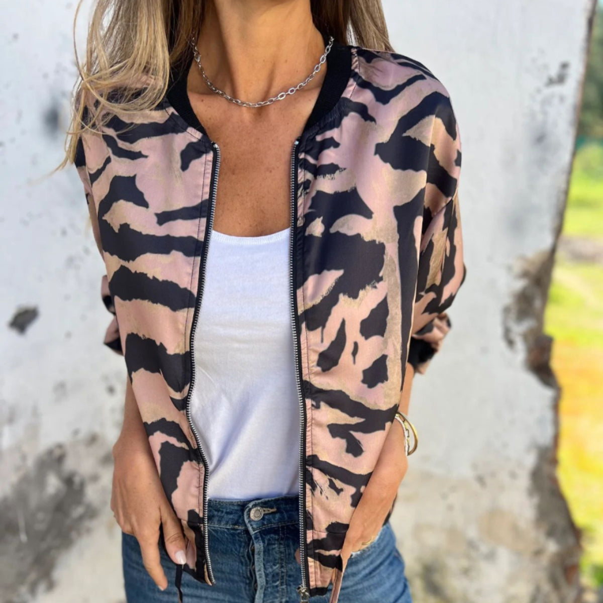 Bomber Jacket with Relaxed Animal Print and Zipper - Image 2