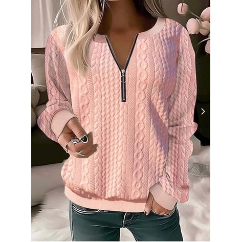Cable Knit Jumper with Half Zip Sweater and Long Sleeves - Image 1